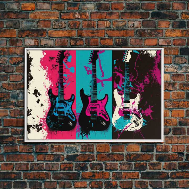 Electric Guitar Graffiti Punk Pop Art, Instrument Drawings, Framed Canvas Print, Pop Art, Splatter Art, Large Living Room Wall Decorr