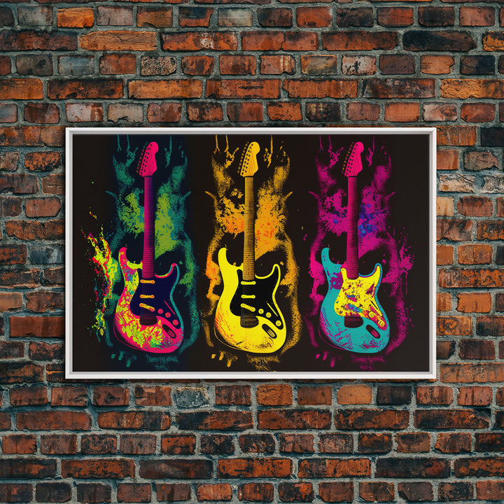 Psychedelic Electric Guitar Graffiti Pop Art, Instrument Drawings, Framed Canvas Print, Pop Art, Splatter Art, Large Living Room Wall Decorr