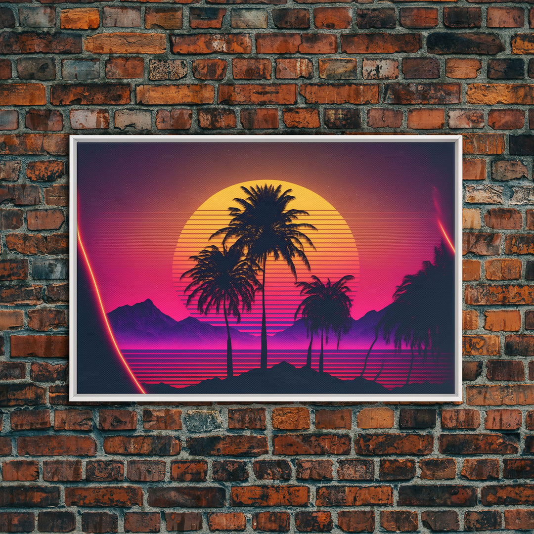 Synthwave Sunset Behind Beautiful Palm Trees, 1980s Style Retro Home Decor, Framed Canvas Print