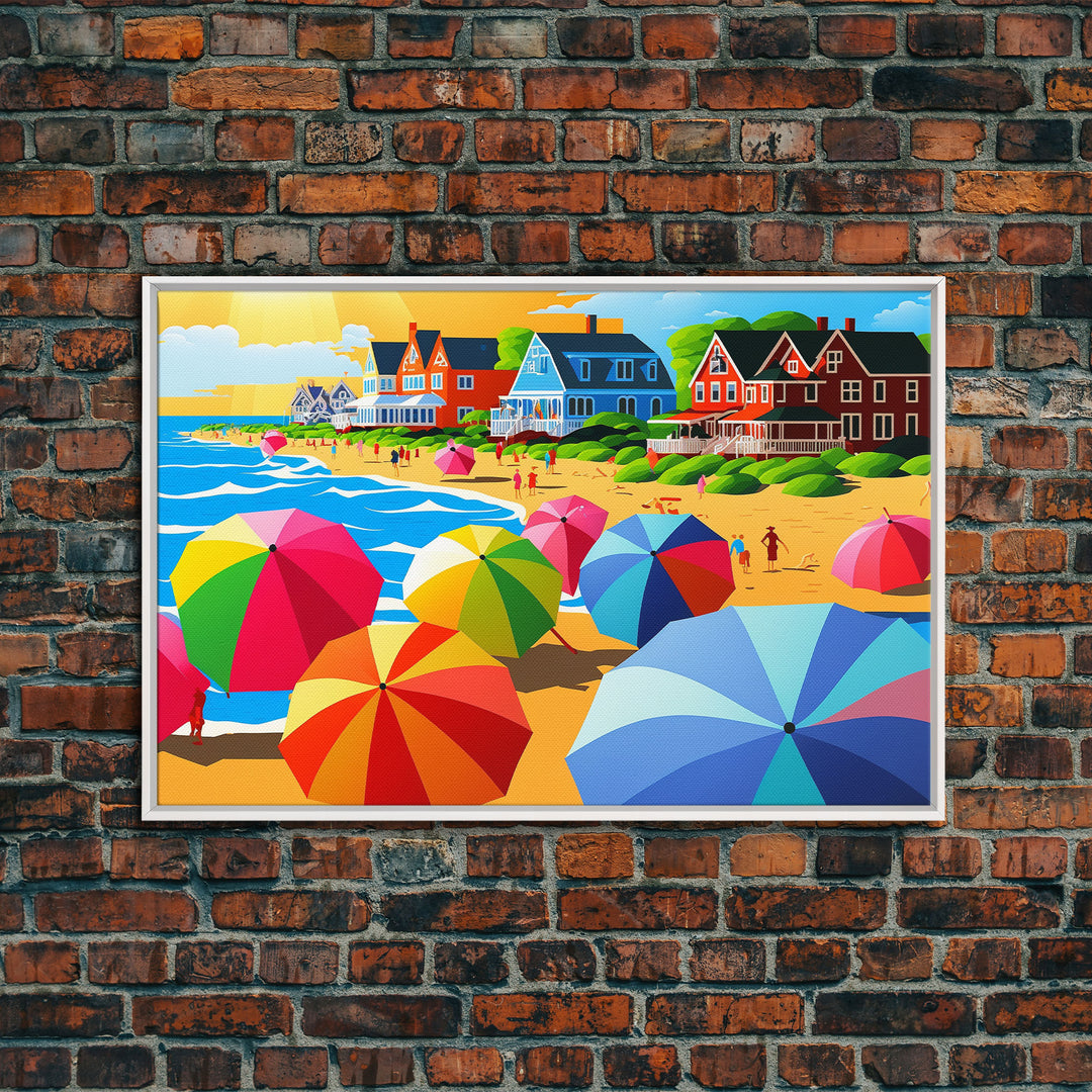 The Beach Crowd, Art Deco Pop Art Mashup, Framed Canvas Print, Colorful Beach Umbrellas, Beach House Lake House Decor