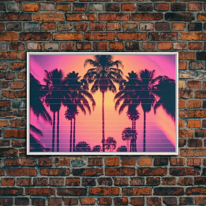 Synthwave Sunset Art, Framed Canvas Print, Palm Tree 80s Vibe Wall Art