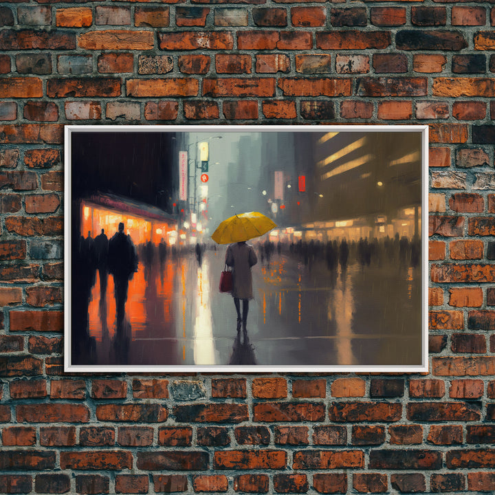 Rainy City At Night, Framed Canvas Print, Dystopian Rain Art, Huge Wall Art, Large Oversized Wall Decor