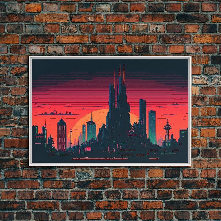 Outrun Style Pixel Art Futuristic Cyberpunk City Skyline at Sunset, Concept art, framed canvas print, dystopian art