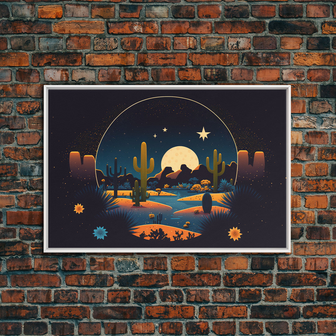 Retro Art Deco Style Pueblo Desert Art, Cactus Desert Landscape under a Full Moon, Framed Canvas Print, Cute Western Decor