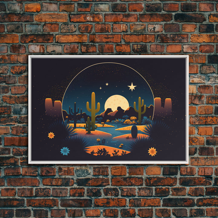 Retro Art Deco Style Pueblo Desert Art, Cactus Desert Landscape under a Full Moon, Framed Canvas Print, Cute Western Decor