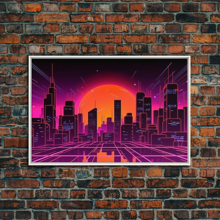 City Wall Art | Framed Canvas Print | Living room art | Lines | Retro | Wonderful art | Landscape | Outrun Style | Futuristic | Synthwave