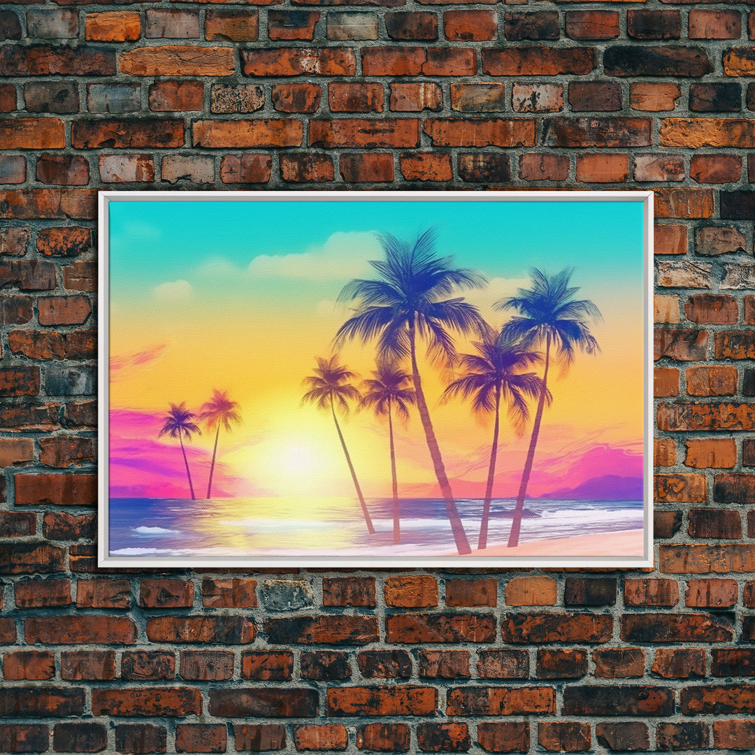 Colorful sunset Wall art, Framed Canvas Print, Synthwave Style, Guest room art, Pop Art Style, Watercolors, Beautiful art, Tropical Art