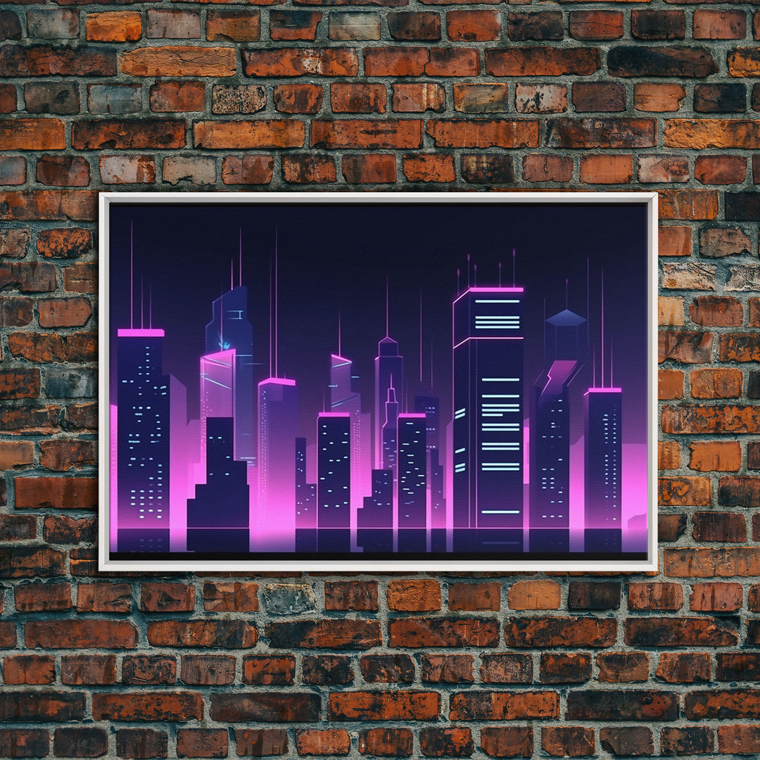 Big City Wall Art | Framed Canvas Print | Living room art | Office decor | Buildings | Outrun Style | Landscape | Night | Pop Art | City