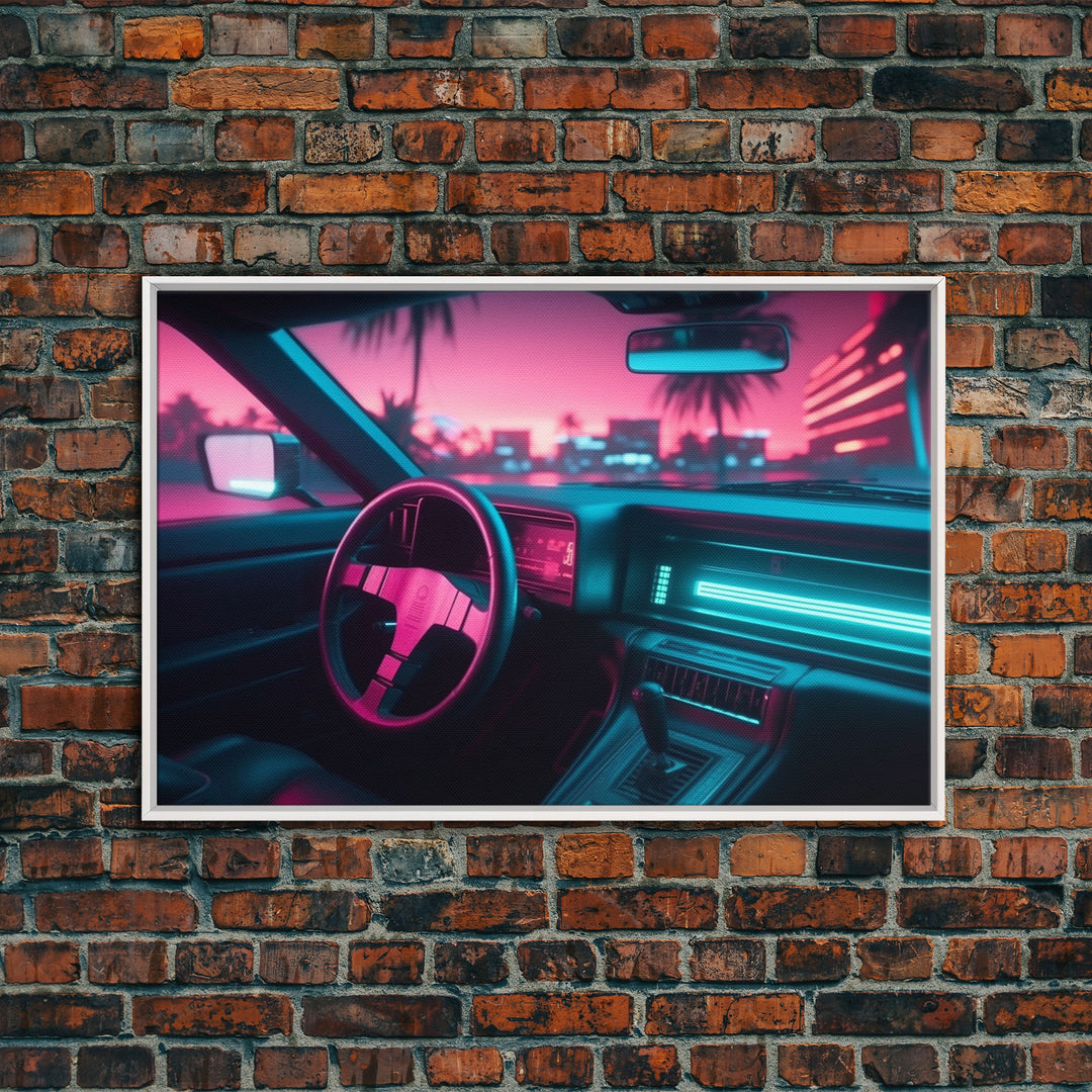 Car interior Wall Art | Framed Canvas Print | Living room art | Neon Lights | Outrun Style | Guest room art | Retro art | Beautiful Art