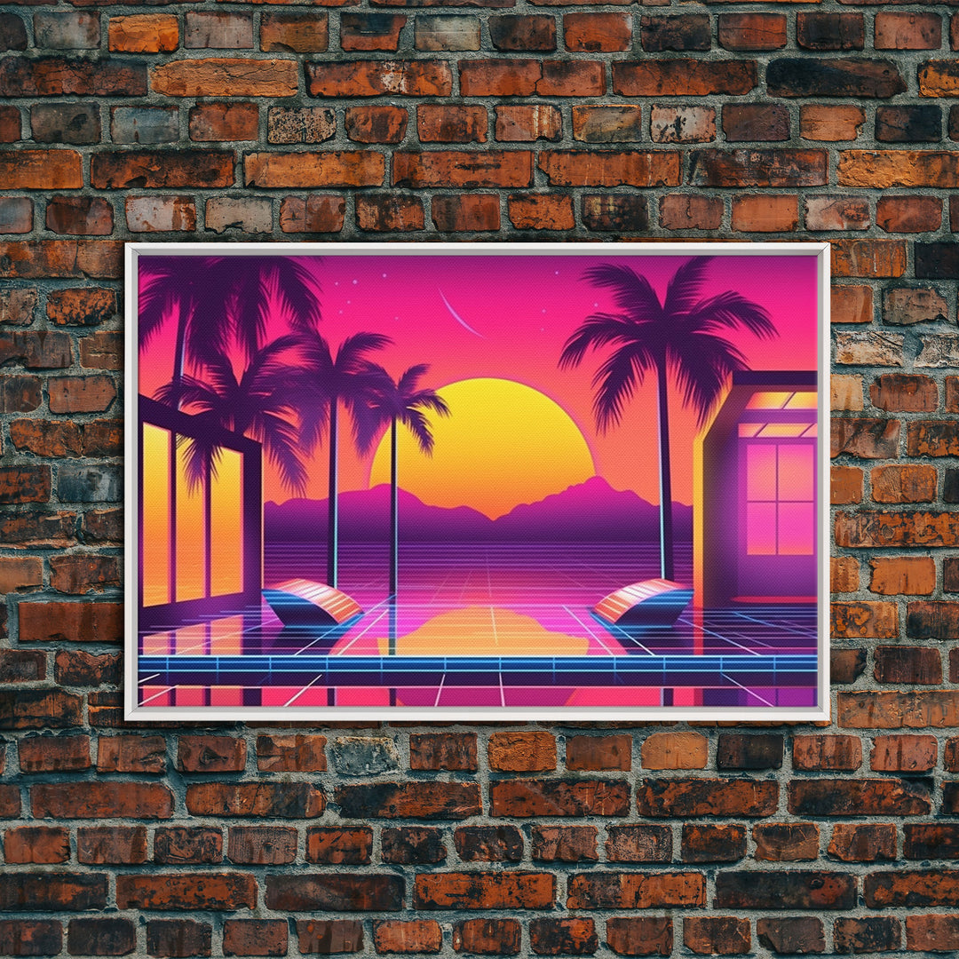 Sunset Penthouse Wall Art, Framed Canvas Print, Pop Art Style, Synthwave Style, Living room art, Colorful painting, Pink colors, Hot sunset