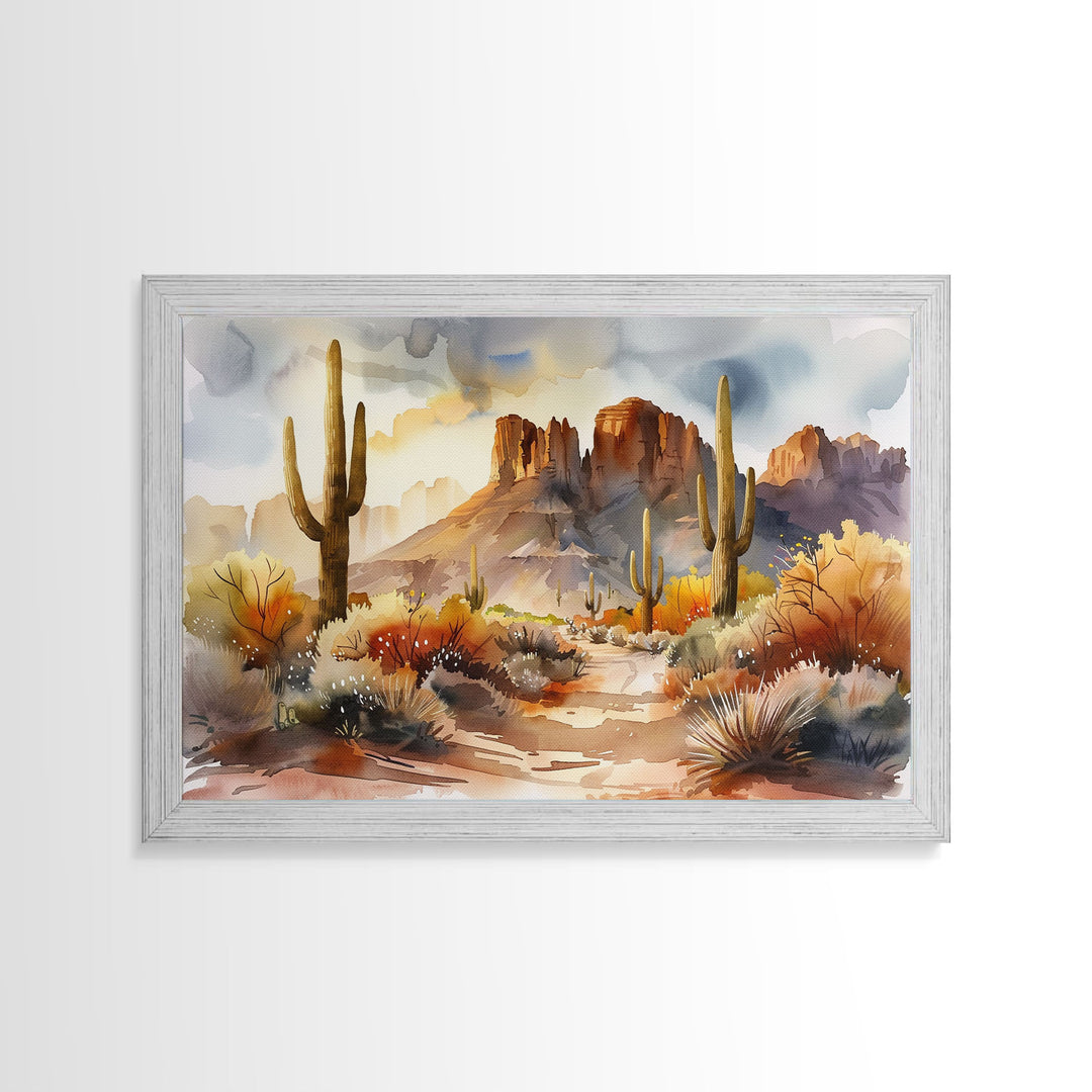 The Desert At Sunset Framed Canvas Print, Watercolor Painting, Original Wall Art Home Decor, Boho Style Farmhouse Wall Art