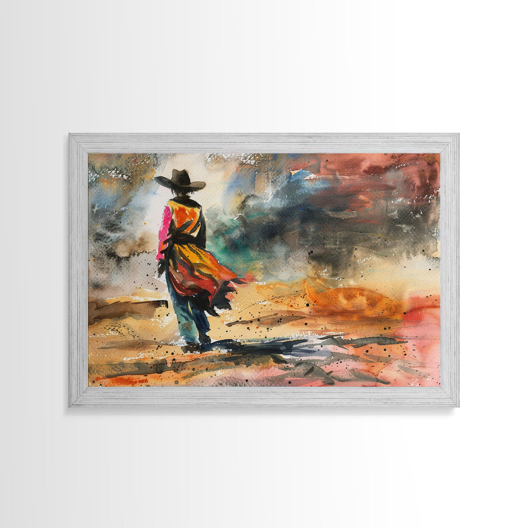 The Cowgirl, Framed Canvas Print, Metal Wall Art, Kitsch Decor, Wild West for Girls, Western Decor Watercolor Painting, Wall Art Prints