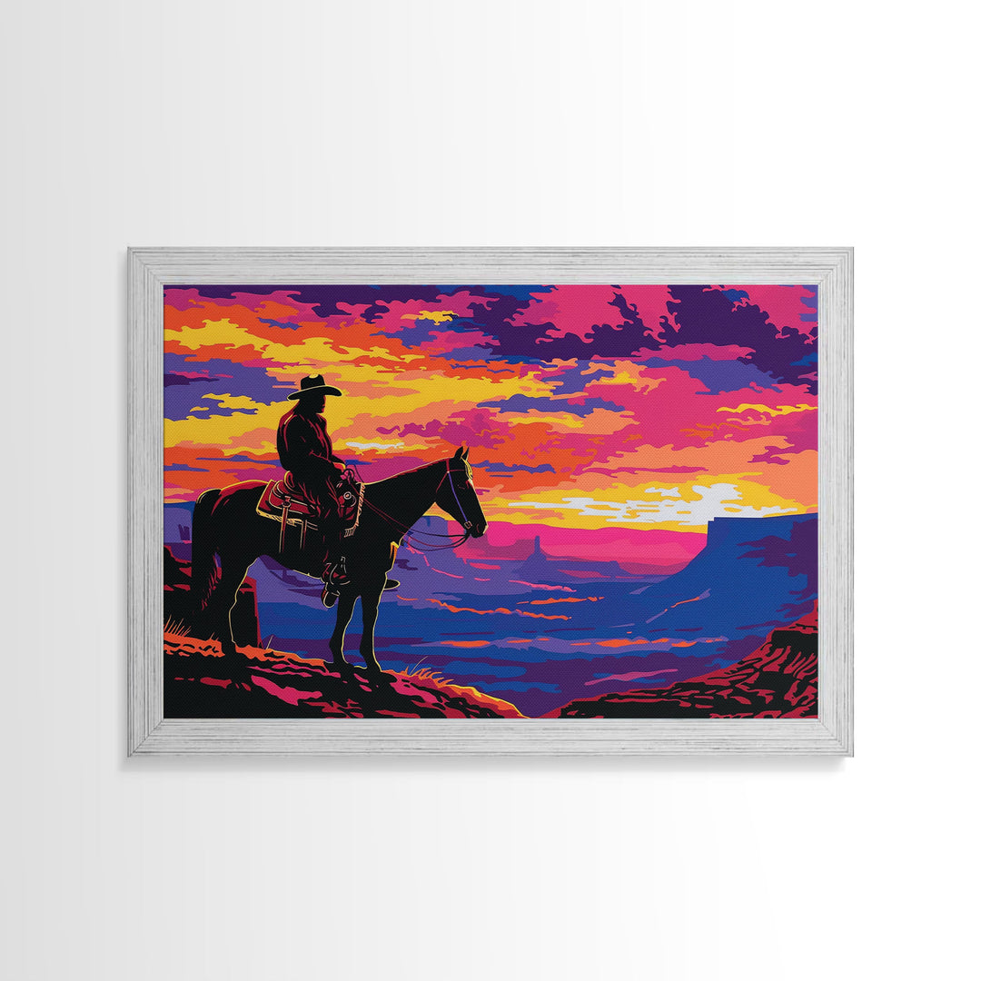 The Rider, Kitsch Western Decor, Framed Canvas Print, Western Dorm Room Decor, Wild West Wall Art, Home Decor