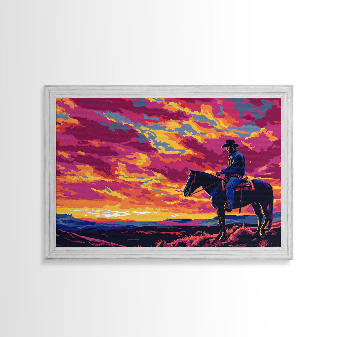 The Cowboy Rides At Sunset, Living Room Art, Framed Canvas Print Original Art, Watercolor Painting, Cowboy Painting, Rustic Western Decor