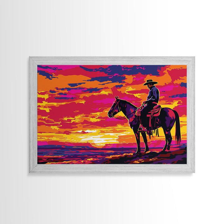 Wild West Cowboy At Sunset Framed Canvas Print, Pop Art, Watercolor Painting, Room Decor Western Aesthetic