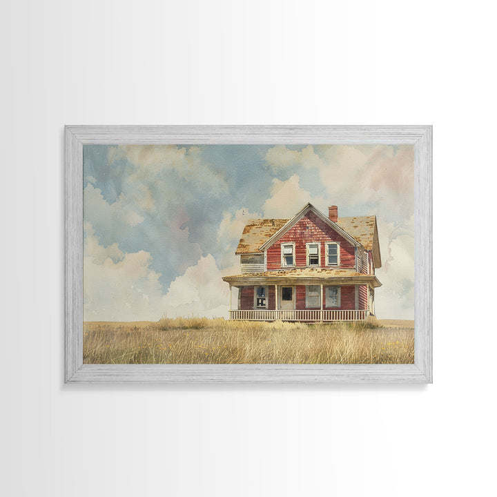 Watercolor Painting Of An Old Red Farmhouse, Framed Canvas Print, Wall Art Prints, Rustic Farmhouse Decor, Minimalist Art, Kitsch Decor