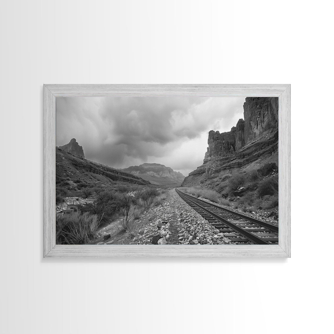 The Train Tracks, Framed Canvas Print, Black and White Western Photography, Wild West Art, Metal Art, Metal Print, Rustic Country Wall Art