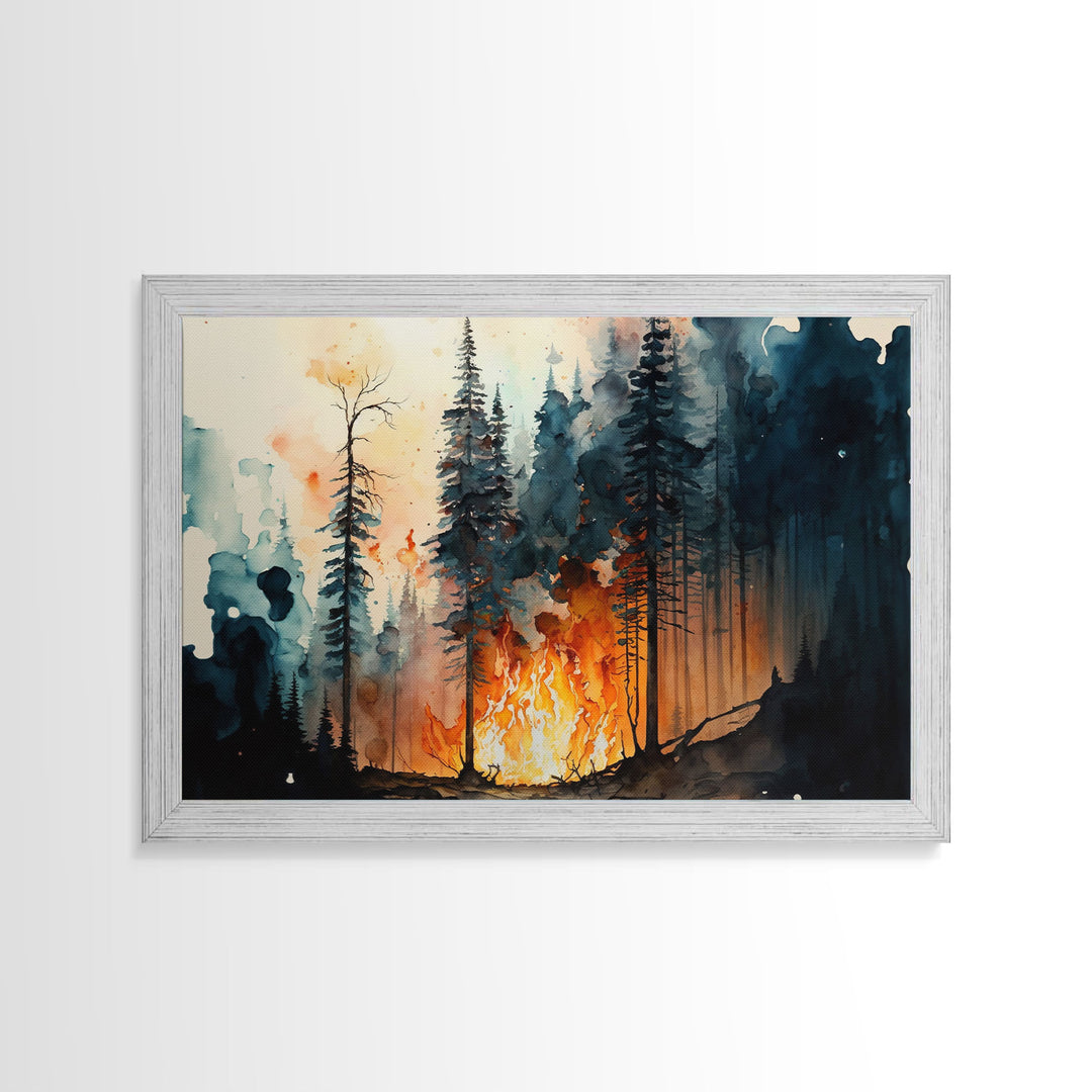 Watercolor Painting Print Of a Forest Fire, Framed Wall Art, Rustic Decor, Pine Tree Forest Print, Living Room Art, Bed Room Wall Art