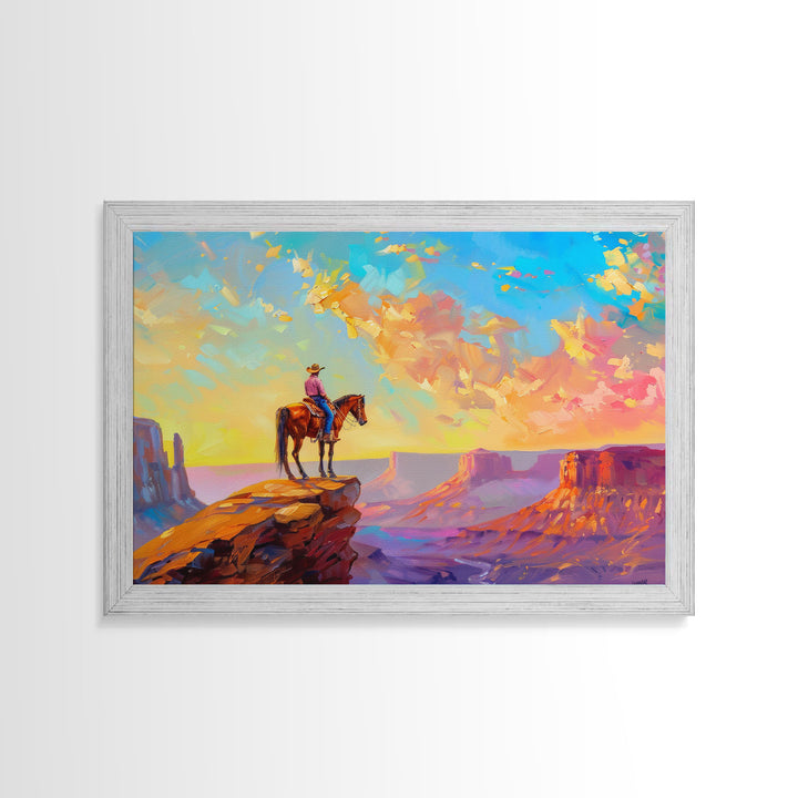 Western Art Print, Vintage / Retro Cowboy Wall Art, Framed Canvas or Metal Art, Midcentury Modern Watercolor Painting, Cowboy at Sunset