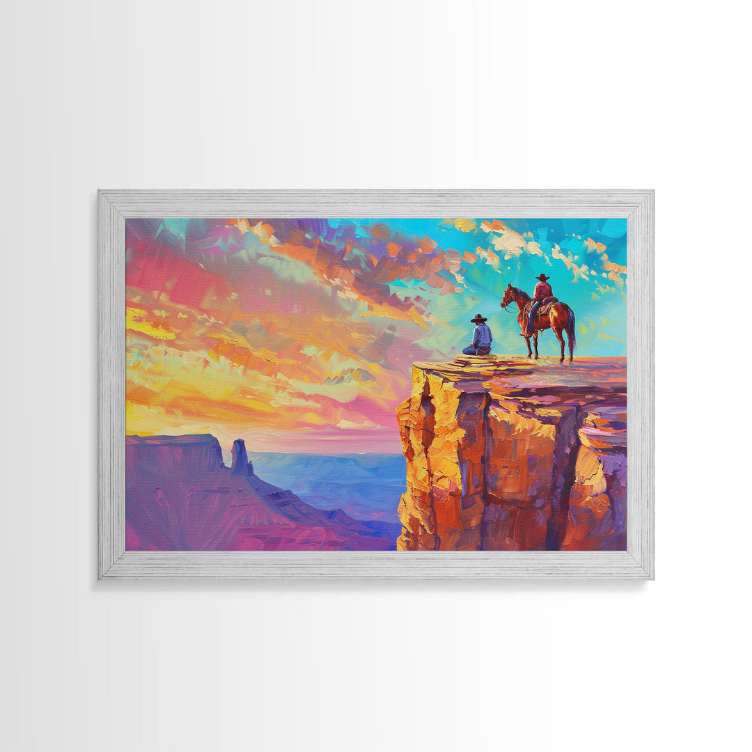 Wild West Art Print, Vintage / Retro Cowboy Wall Art, Framed Canvas or Metal Art, Midcentury Modern Watercolor Painting, Cowboy at Sunset