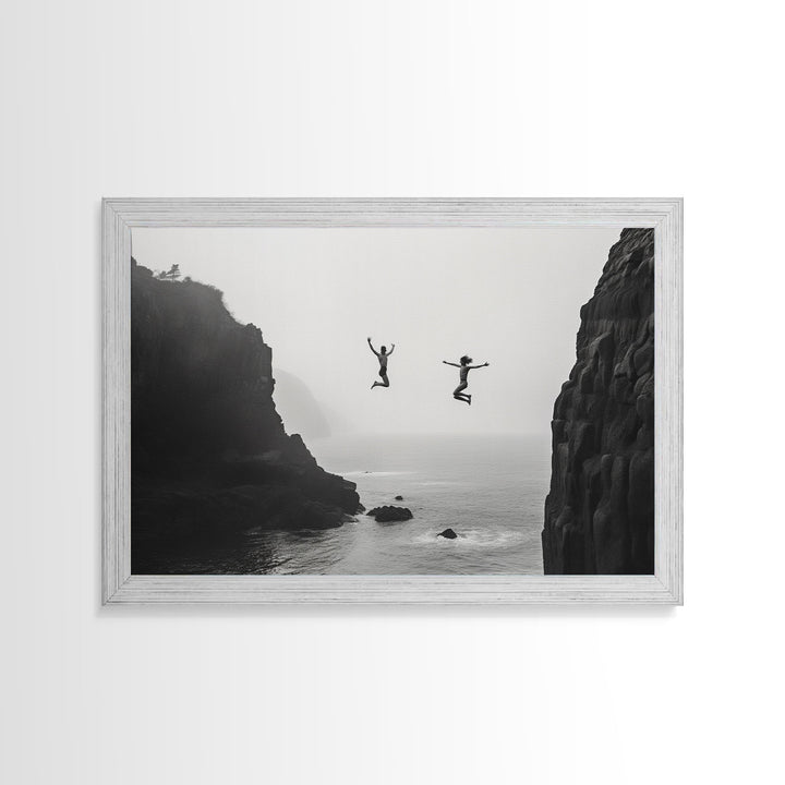 The Dive - Fine Art Black and White Print - Wood Framed Canvas or Metal Print - Cliff Diving In The Ocean - Lifestyle Minimalist Home Decor