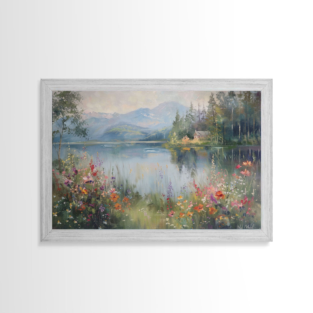 Summer At The Lake, Framed Canvas Print, Fine Art, Living Room Decor, Wildflowers Art, Lakehouse Art, Living Room Decor, Home Decor