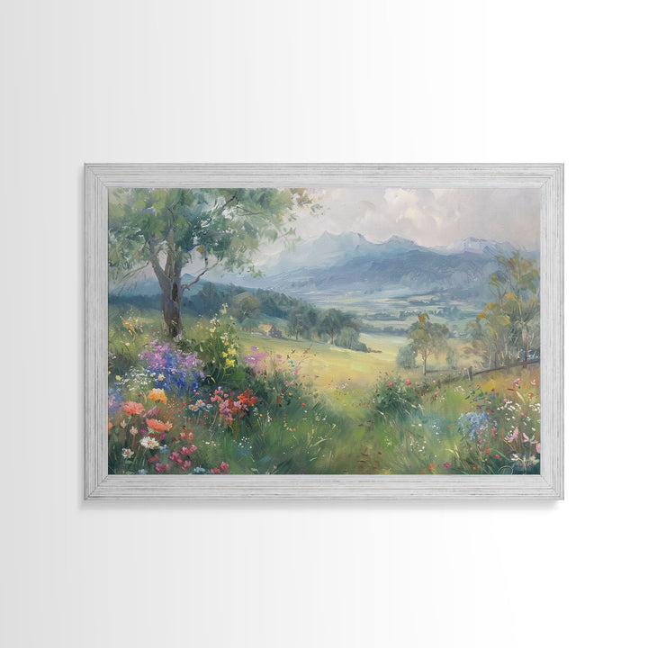 Spring Wildflower Field Landscape Painting Large Wall Art Print, Framed Canvas Nature Wall Decor, Rustic Country Landscape Living Room Art