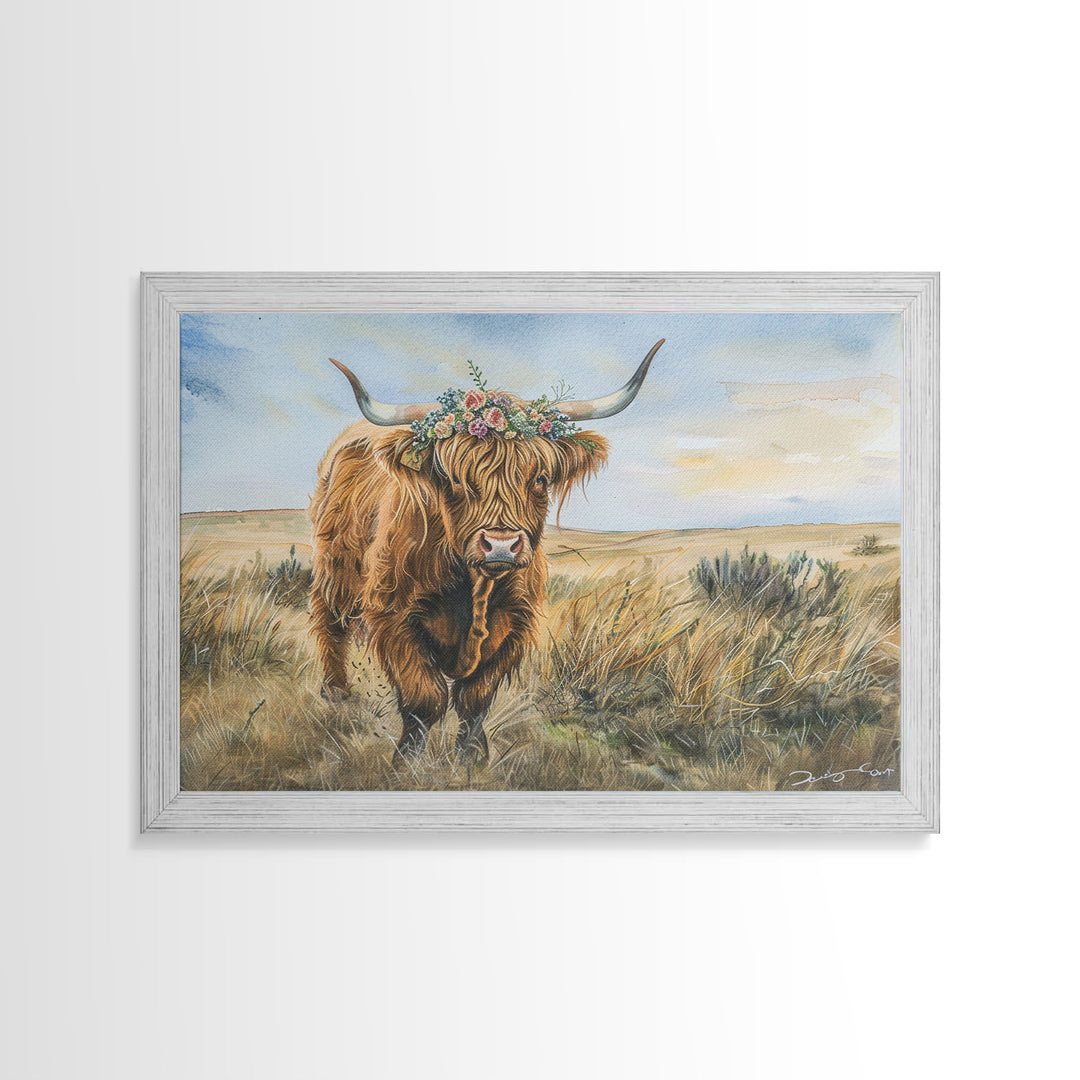 Vintage Cow Painting Framed Canvas Print | Retro Country Decor | Living Room Art | Gift For Her | Vintage Wall Art | Cottage Core Wall Art