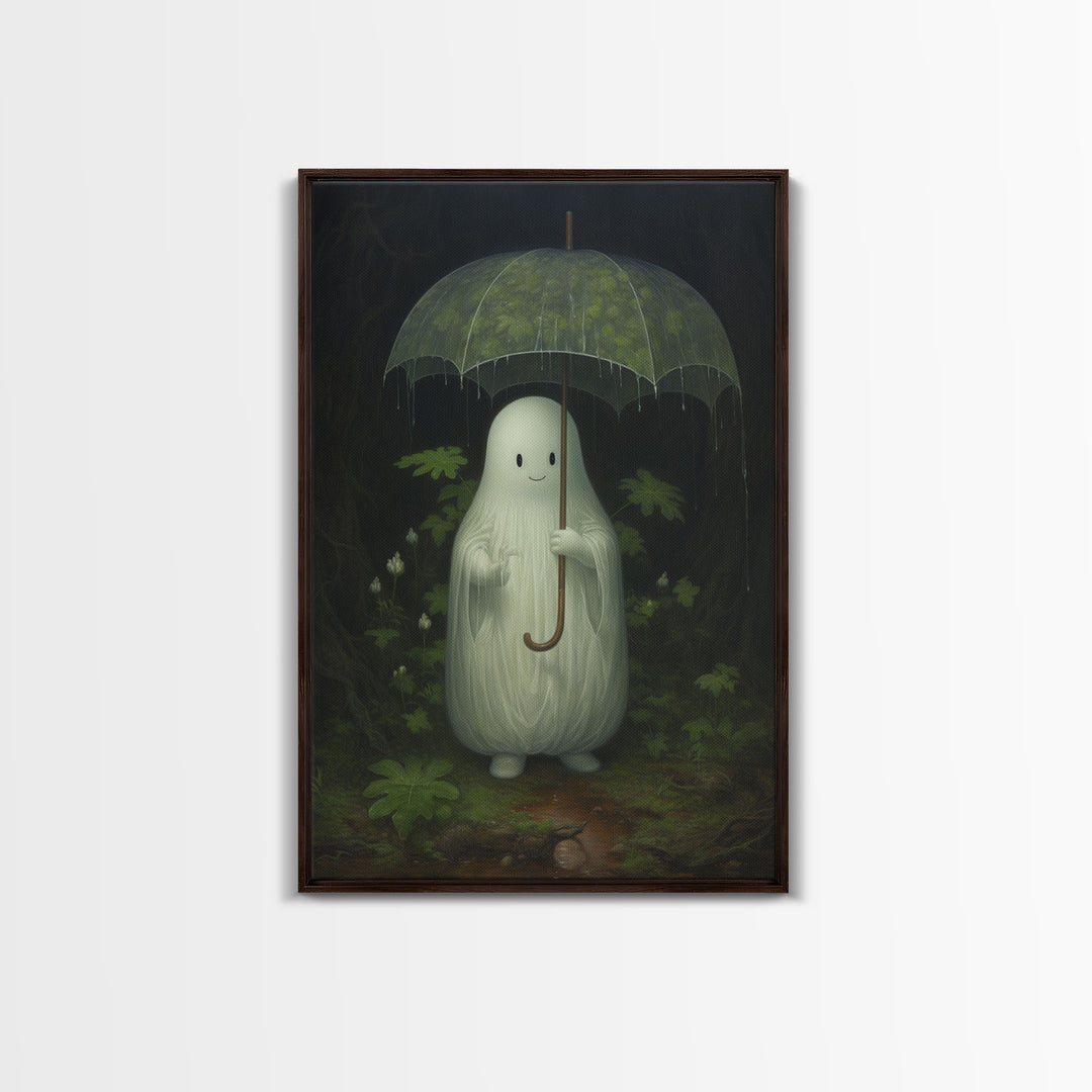 Ghost Holding an Umbrella In The Rain, Vintage Halloween Canvas Print, Framed Canvas, Halloween Wall Art, Dark Academia, Spooky Haunted