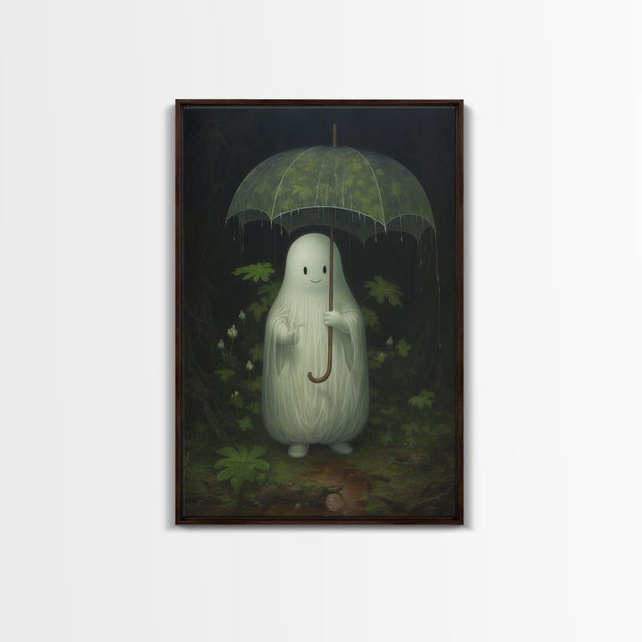 Ghost Holding an Umbrella In The Rain, Vintage Halloween Canvas Print, Framed Canvas, Halloween Wall Art, Dark Academia, Spooky Haunted