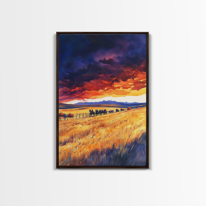 The Cattle Drive At Sunset, Framed Canvas Print, Autumn Decor, Beautiful Sunset Wall Art Painting