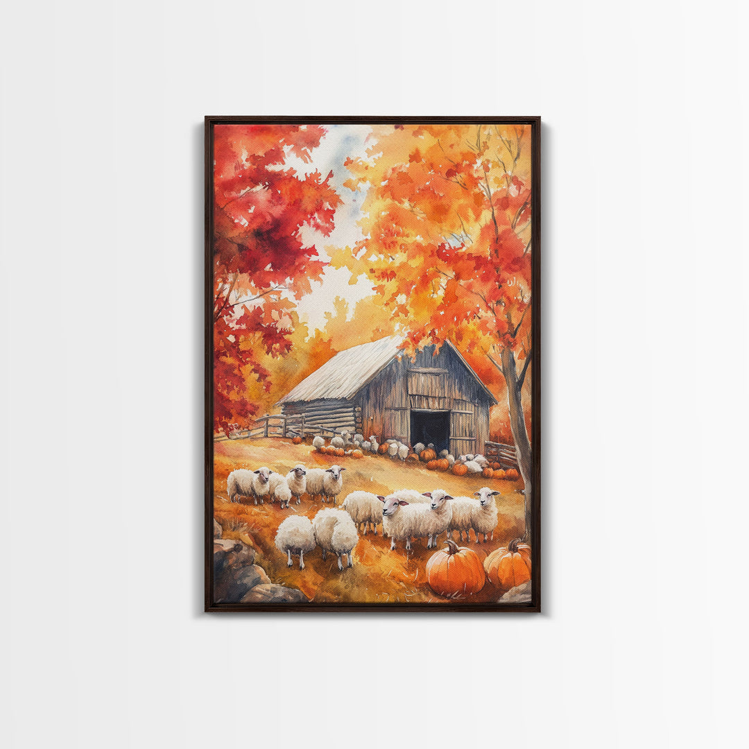 The Sheep Farm In Fall Framed Canvas Print, Farmhouse Decor, Boho Painting Wall Art