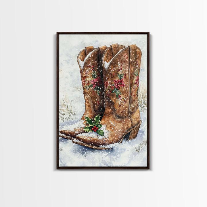 Christmas Cowboy Boots, Framed Canvas Print, Primitive / Rustic Farmhouse Wall Art, Cowboy Decor, Texan Art, Christmas Vintage Art