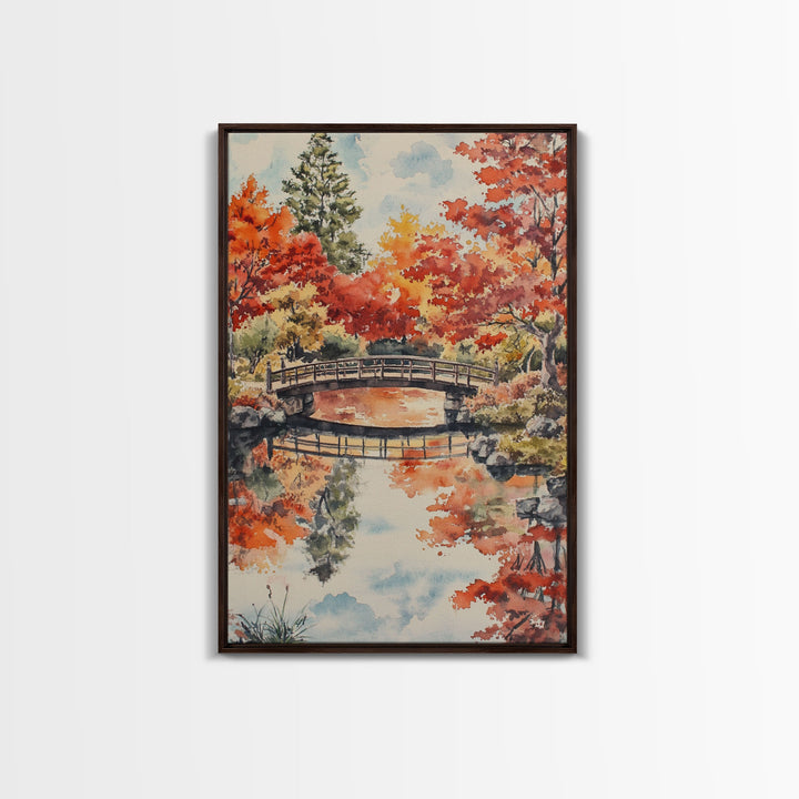 The Fall Bridge, Framed Canvas Print, Autumn Decor, Holiday / Seasonal Wall Art Gift For Her, Moody Landscape