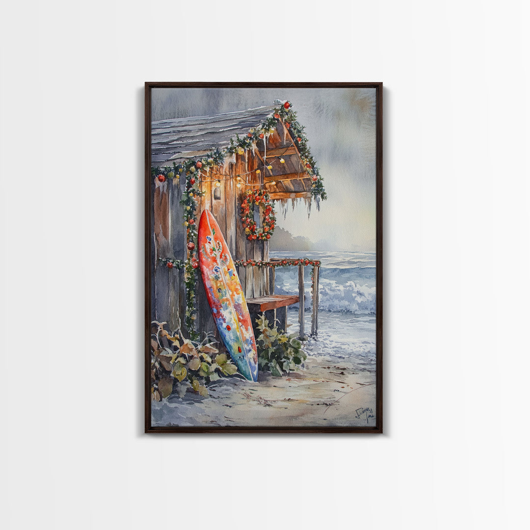 Surf Shack Decorated For Christmas, Tropical Christmas Wall Art, Canvas Print, Wood Framed Wall Art, Christmas Vintage, Christmas Vacation