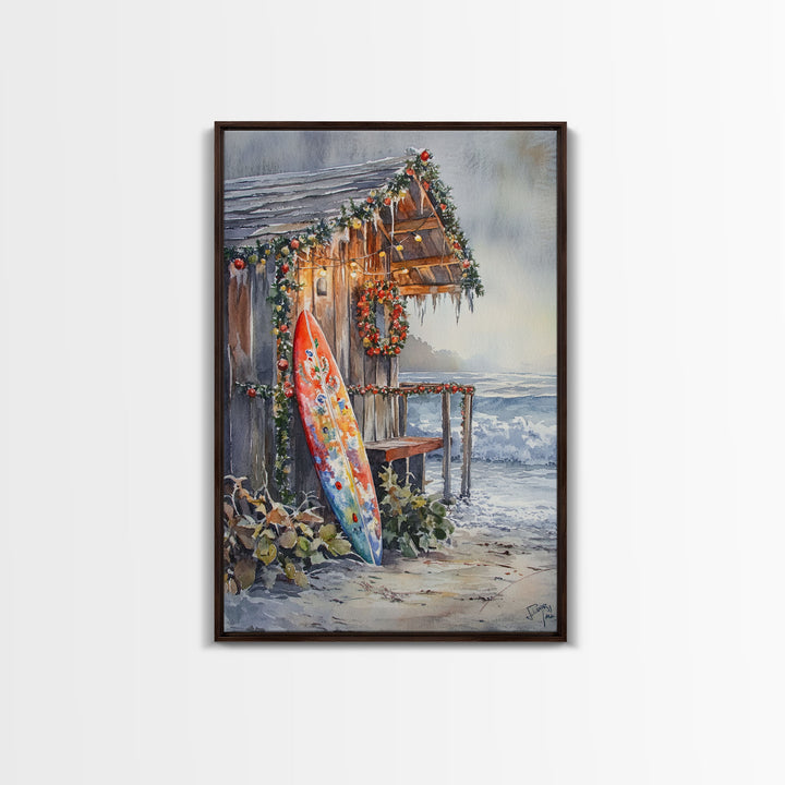 Surf Shack Decorated For Christmas, Tropical Christmas Wall Art, Canvas Print, Wood Framed Wall Art, Christmas Vintage, Christmas Vacation