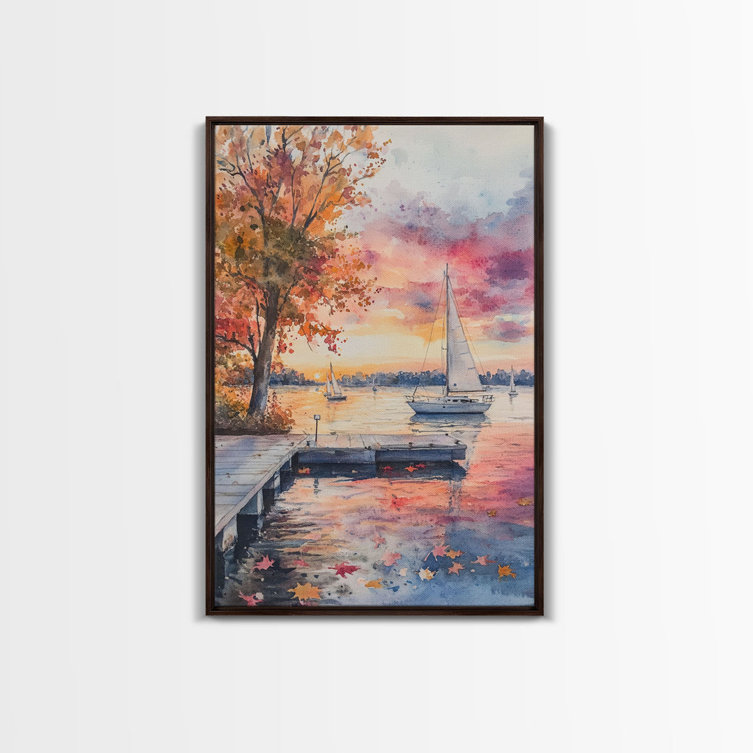 Sailboats at Sunset In The Fall, Framed Canvas Print, Beach House Wall Art, Lake House Art