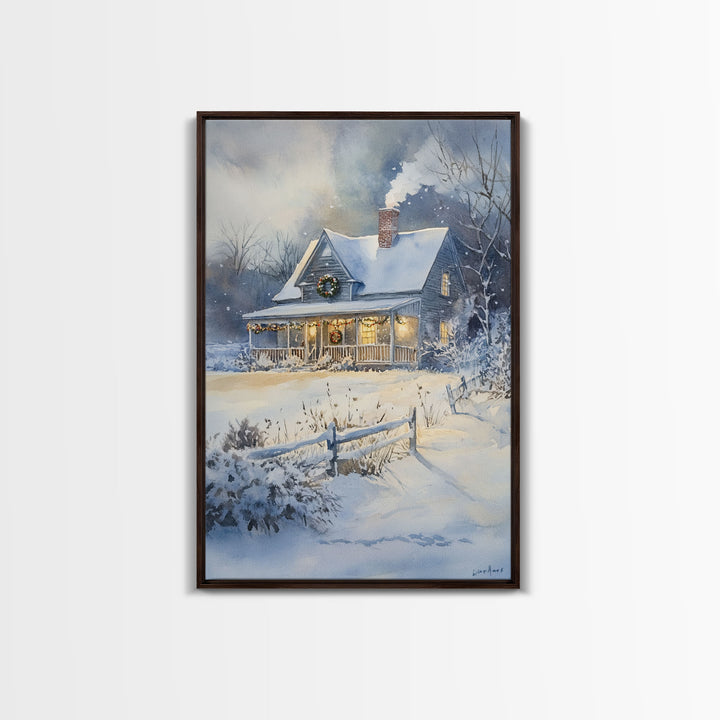 Christmas Cottage Wall Art, Framed Canvas Print, Winter Wonderland Landscape Print