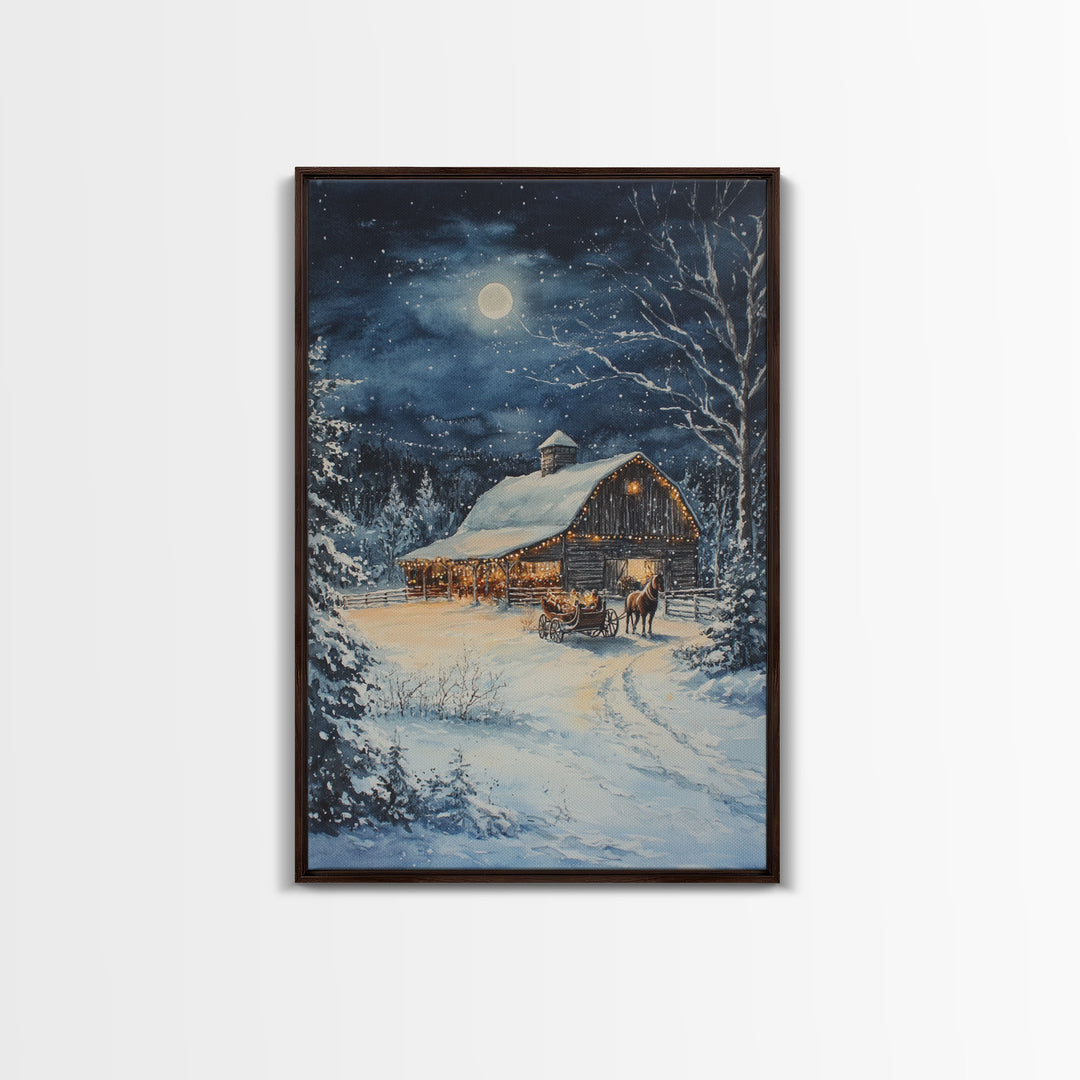 The Christmas Barn, Framed Canvas Print, Farmhouse Christmas Wall Art