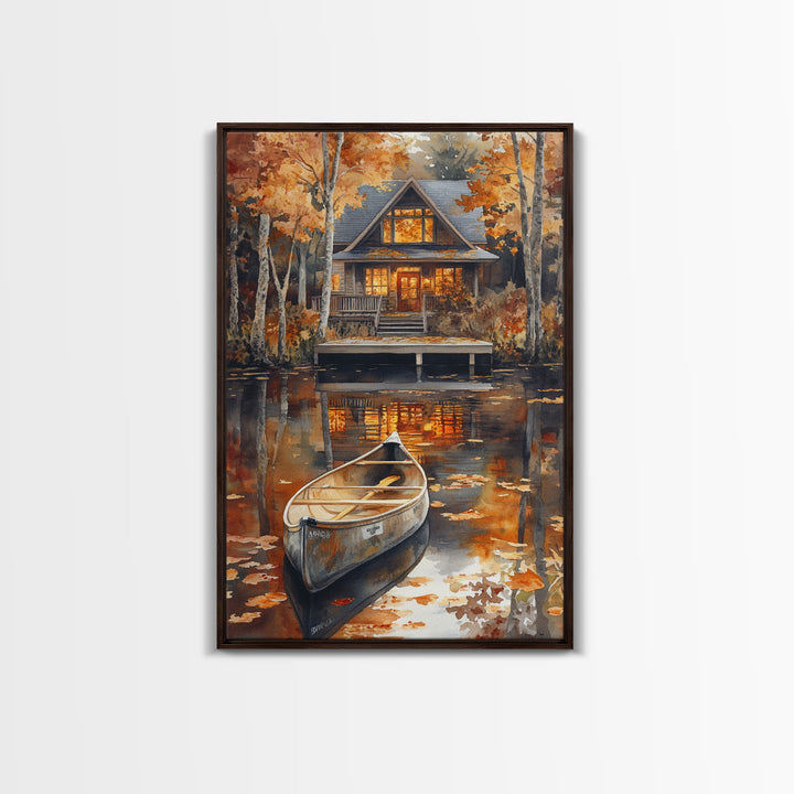 Canoe on the Lake, Lake House Decor, Framed Wall Art Canvas Print, Fall Decor, Seasonal Decor, Holiday Decor Gift