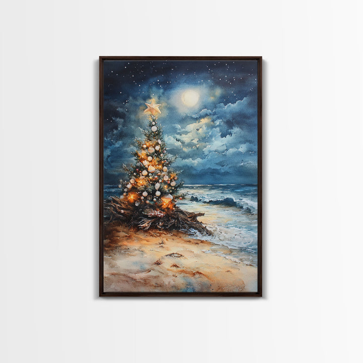 Christmas Tree On The Beach, Framed Canvas Print, gallery wall, Christmas Poster, Xmas Prints