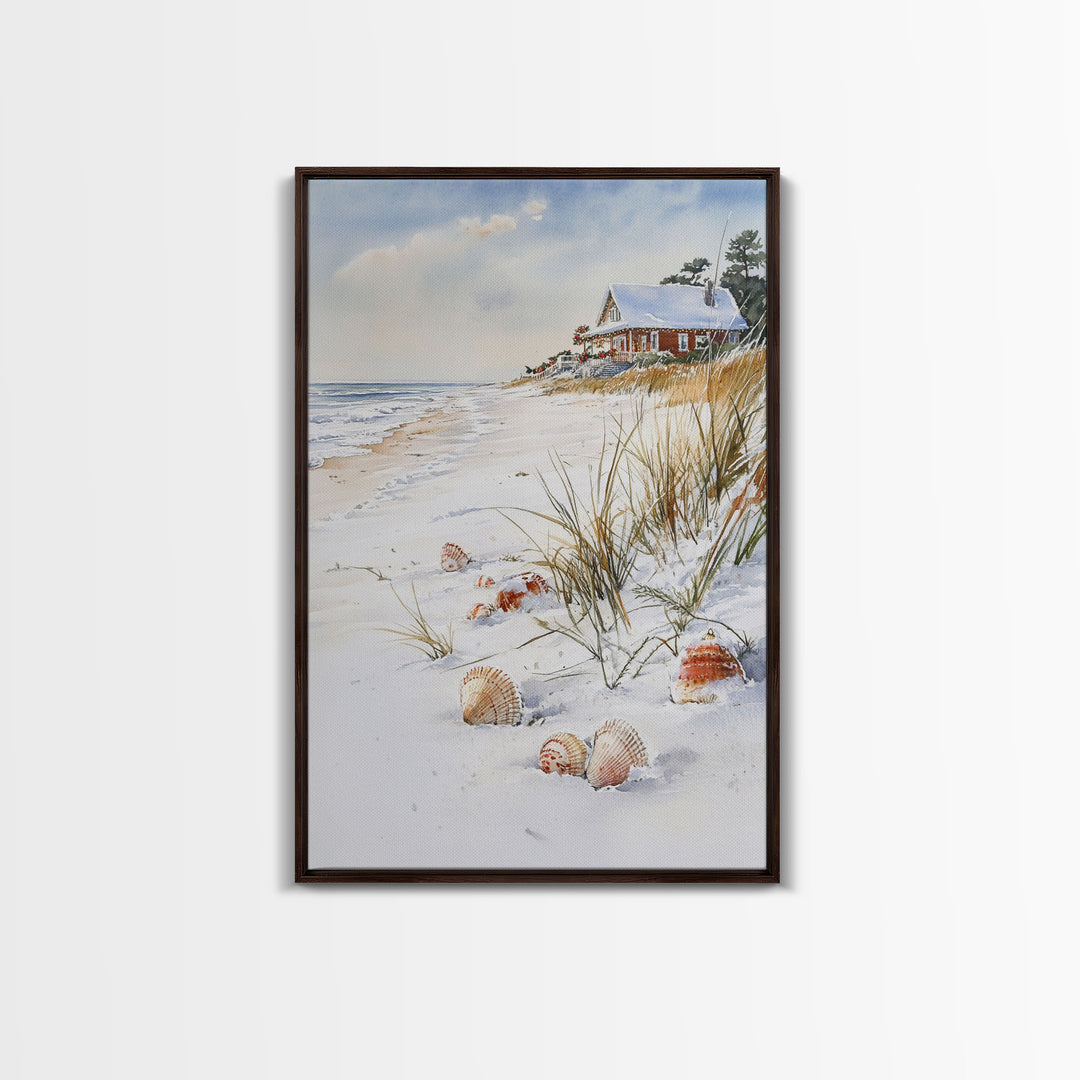 Christmas On A Snow Capped Beach, Wood Framed Wall Art, Rustic Christmas Decor, Tropical / nautical Christmas Art