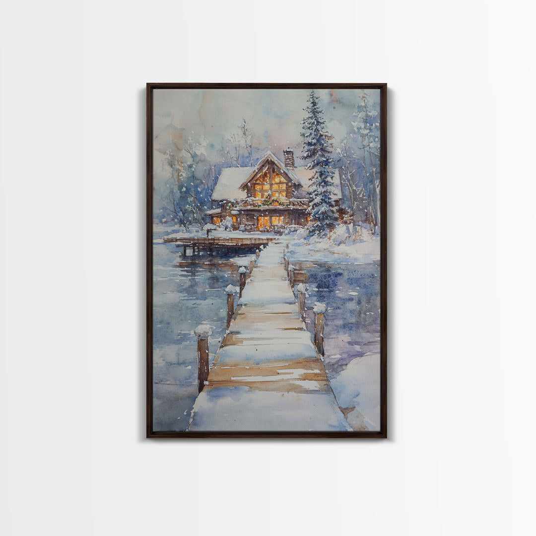 Christmas At The Lake, Framed Canvas Print, Wood Frame Lake House Decor, Winter Lakehouse Art