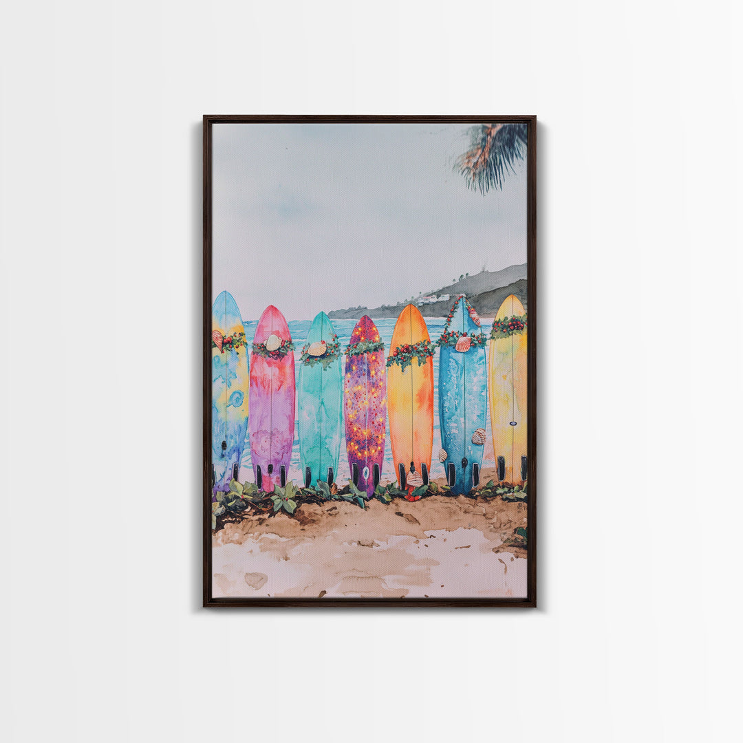 Surf Board Christmas, Framed Canvas Print, Beautiful Trendy Christmas Wall Art With Wood Frame, 2024 Xmas Decor, Christmas 2024