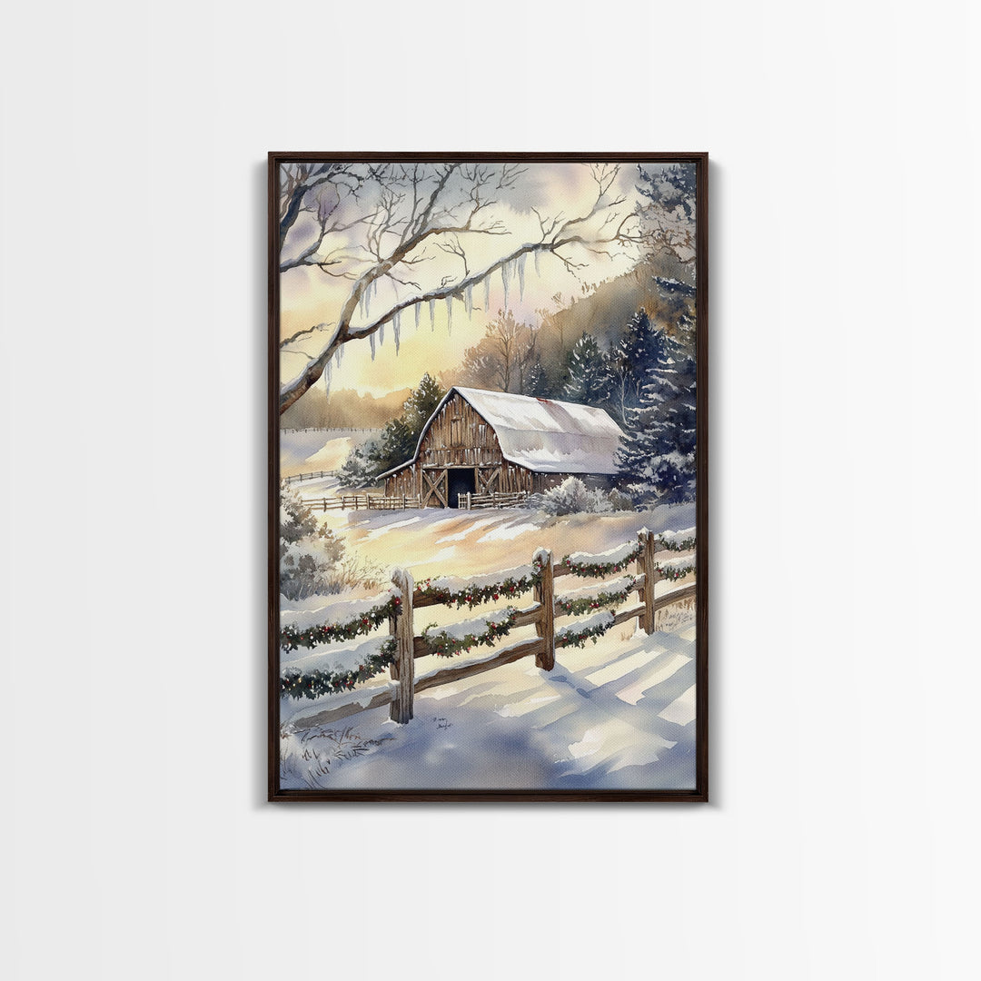 Winter Barn Painting Framed Canvas Print, Xmas Wall Art, Xmas Gift, Winter Wonderland Gift Idea, Western Decor