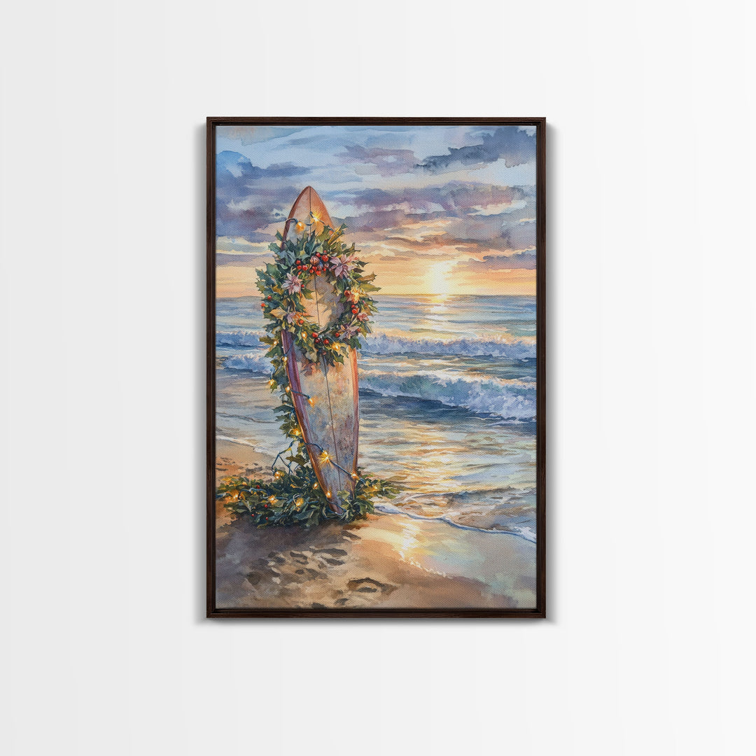 Beach Christmas Decor, Framed Canvas Print, Christmas At The Beach, Nautical / Tropical Holiday Wall Art