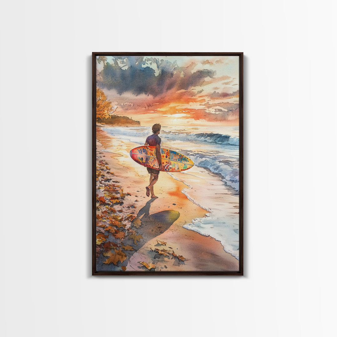 Tall Art Surfer Beach Walk At Sunset Framed Canvas Print Fall Coastal Wall Decor Best Gift Idea Holiday Wall Art Christmas Beach Art