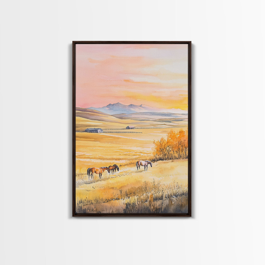 Horses Grazing In Golden Fields Framed Canvas Print Autumn Country Landscape Best Gift Holiday Wall Art Farmhouse Christmas Decor