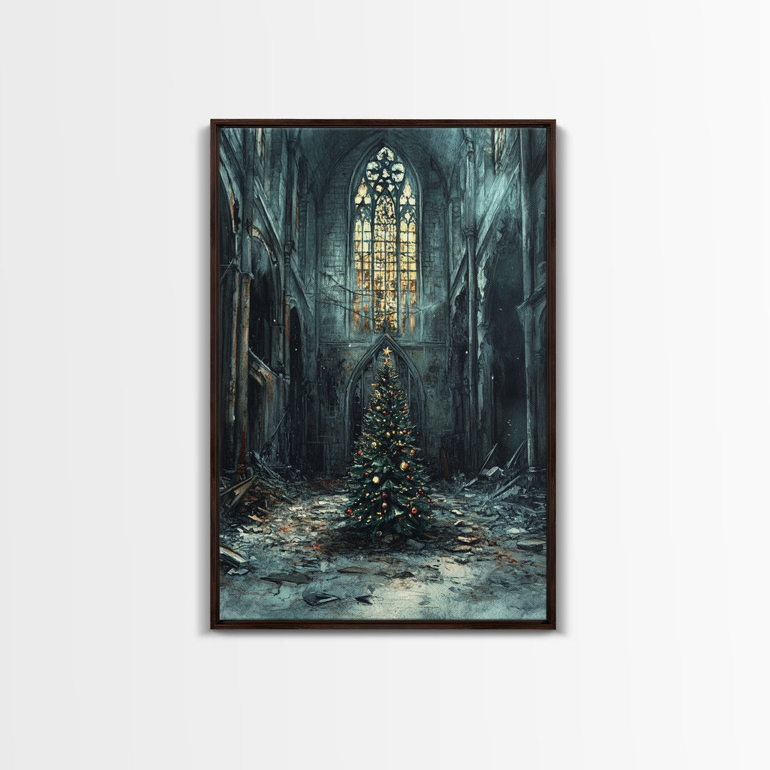 Moody Landscape Gothic Cathedral Christmas Tree Framed Canvas Print Christian Christmas Art Gift Rustic Holiday Wall Art Home Decor