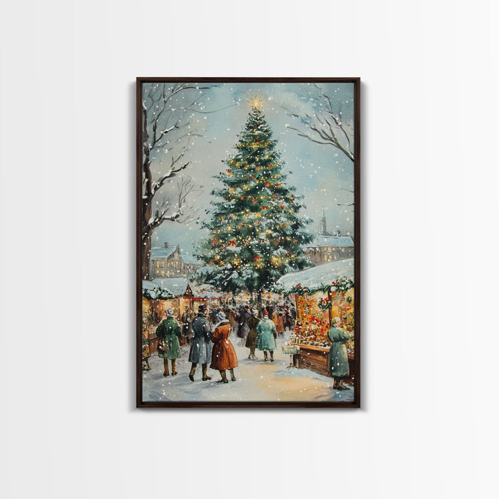 Snowy Christmas Market with Decorated Stalls and Large Holiday Tree, Framed Canvas Print for Vintage Christmas Wall Decor